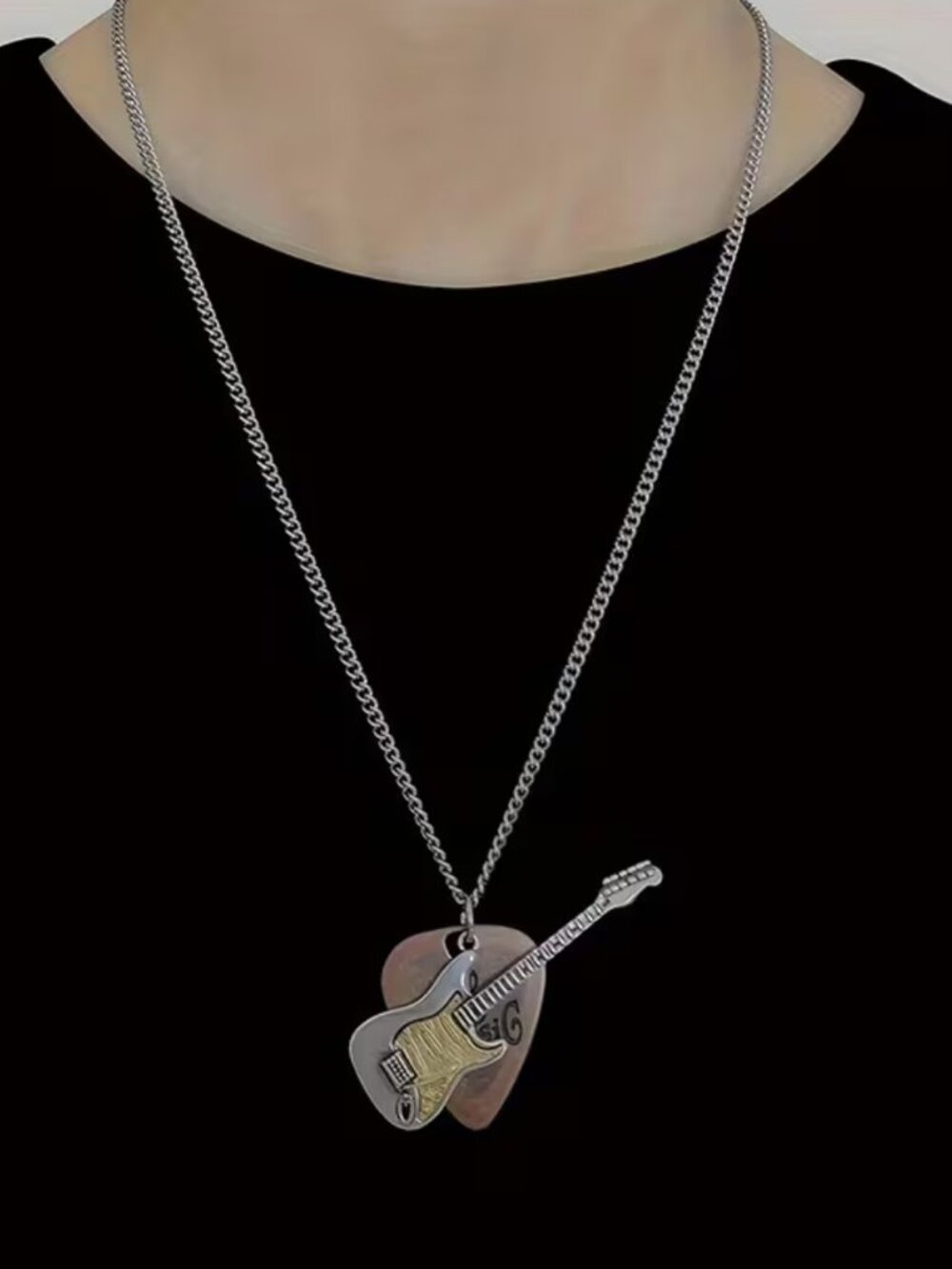 NWT Retro Electric Guitar & Pick Pendant Layered Necklace Music Rock Punk
